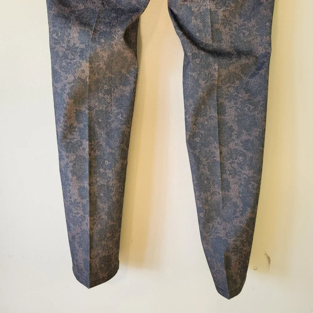 Ink Denim Bluegreen/Gold Brocade Paisley Floral Damask Stretch Pants Size 12
